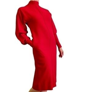 Pauline Trigère 1980s Red High-Necked Dolman Sleeve Vintage Couture Sheath Dress